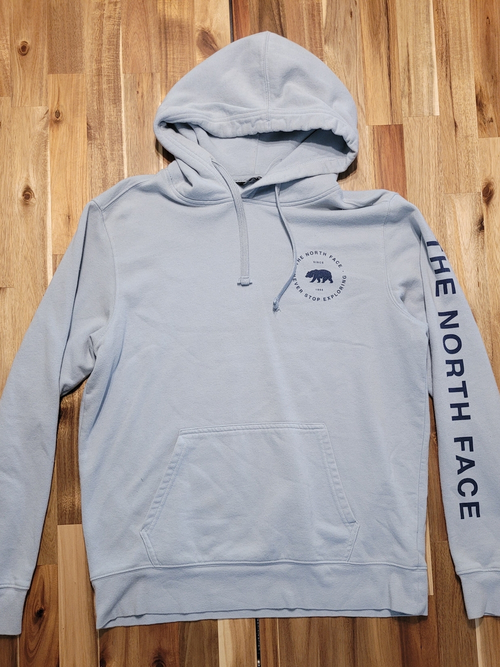 The North Face Men's Pale Blue Pullover Hoodie with Sleeve Logo